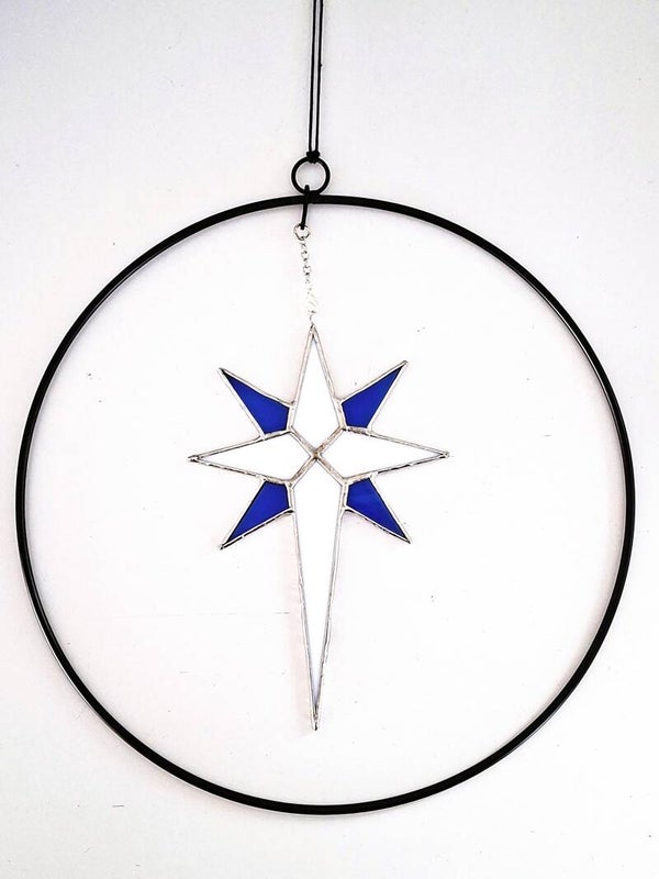Handgemaakte Tiffany ster-Raamhanger-8 puntig-Blauw/Wit-Raamdecoratie-Handgemaakt 18cm.
