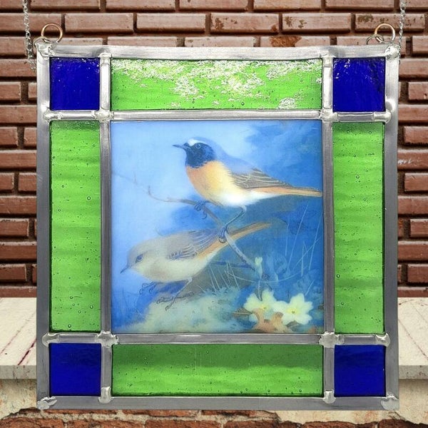 Glas-in-Lood-Paneel-2 Vogeltjes-Vierkant-Raamdecoratie-16x16