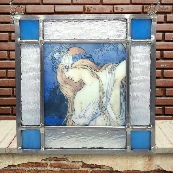 Glas-in-Lood-Paneel-Vintage Vrouw-Vierkant-Raamdecoratie-16x16
