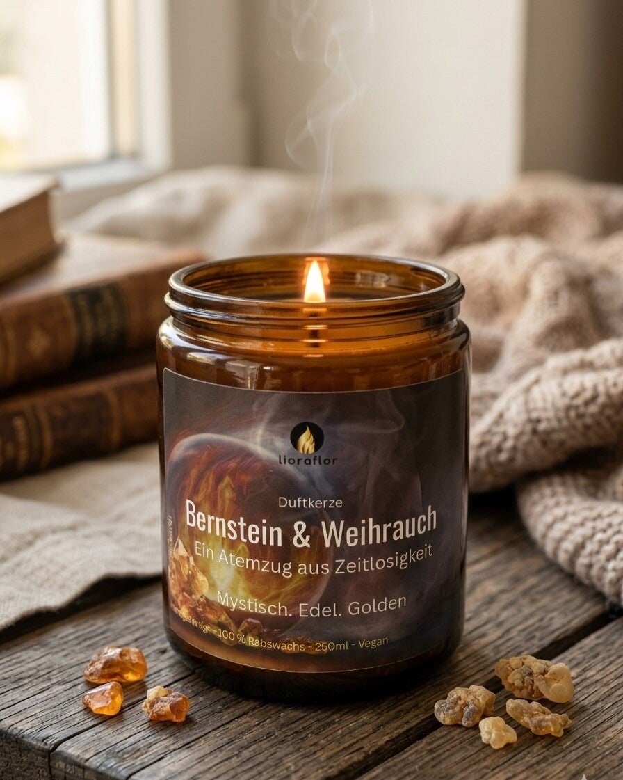 Hochwertige Duftkerze aus Rapswachs – Bernstein/ Weihrauch Handgemacht, Vegan, Affirmation Kerze, Mystischer Duft & positive Energie Ritual