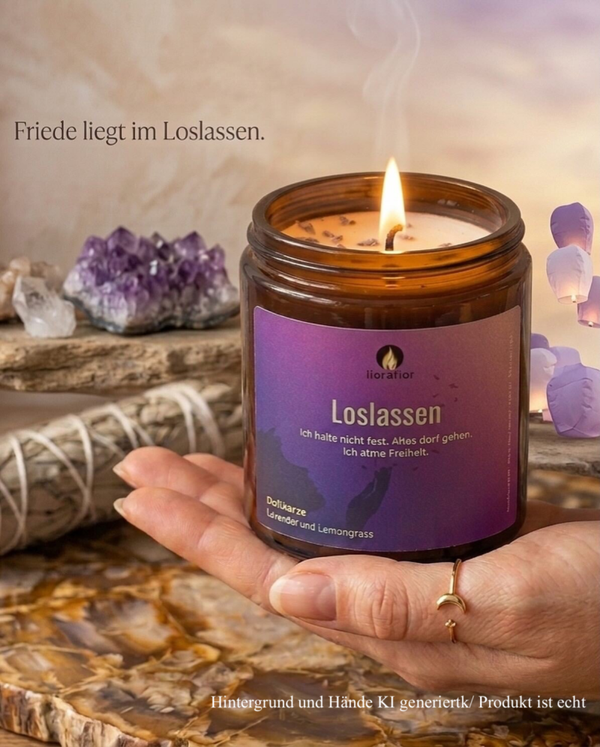 Duftkerze Lavendel / Lemongrass Rapswachs. Unterstützt Loslass Rituale. 250 ml Glas Geschenkidee für Sie und Ihn