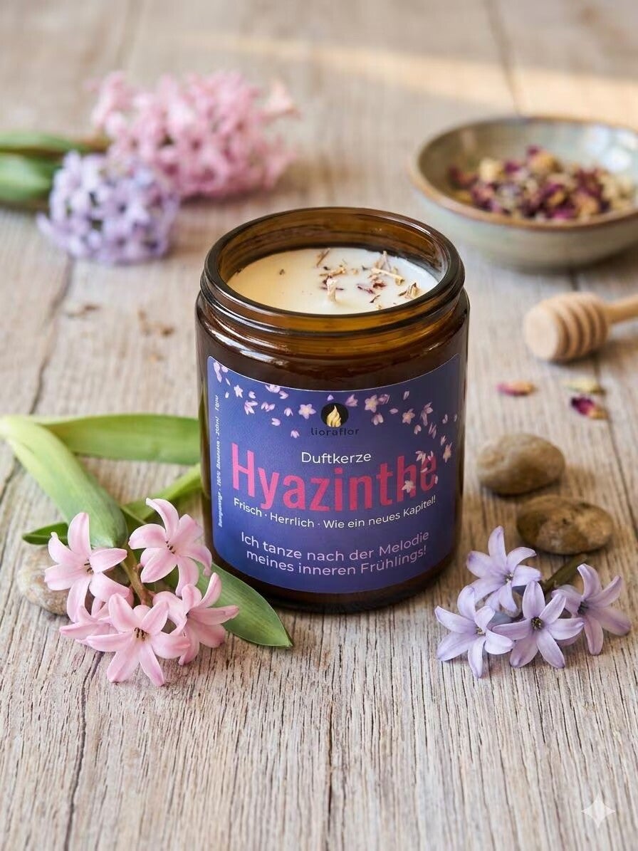 Premium Duftkerze aus Rapswachs Hyazinthe – Handgemacht, Vegan, Affirmation Kerze, Floraler Frühlingsduft  Deko Geschenkidee    Größe/ Gewicht: 7cm x 9 cm/ 250 ml Glas