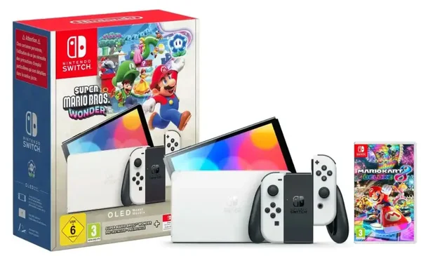 Nintendo Switch OLED blanche + Super Mario Bros. Wonder + Mario Kart 8 Deluxe + Nintendo Online 365 jours