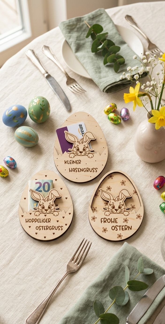 Holz-Osterei "Gutschein-Hülle" mit Hasen-Motiv