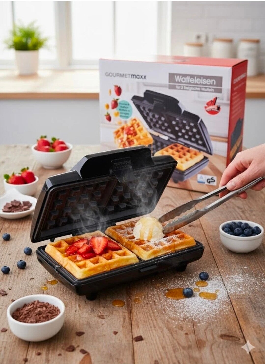 GOURMETmaxx Waffeleisen für 2 Belgische Waffeln – 750W, Antihaft, kompakt