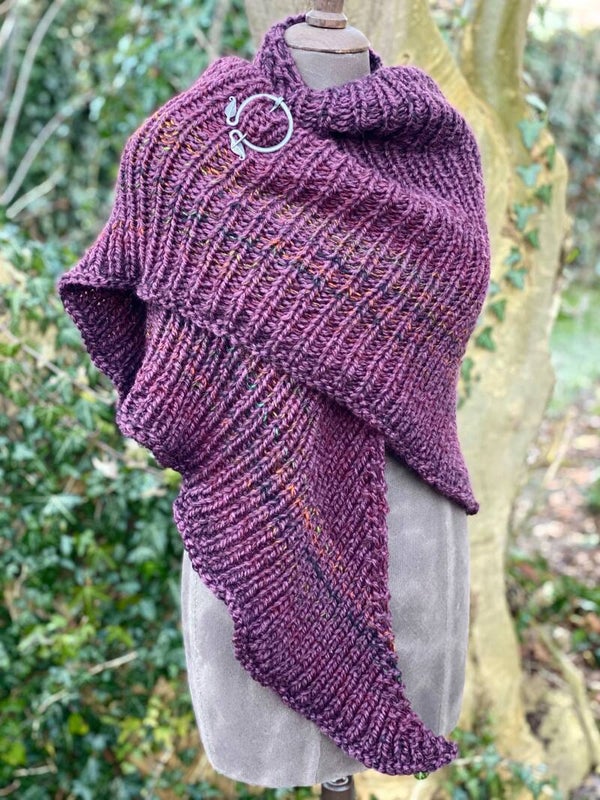 Claire's Shawl - our style. Prune w colour effects. With Fibula (pin)