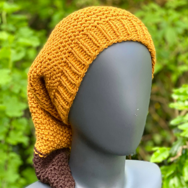 Long Beanie - Mosterd-Bruin. NulWol / Mustard-Brown. NoWool.