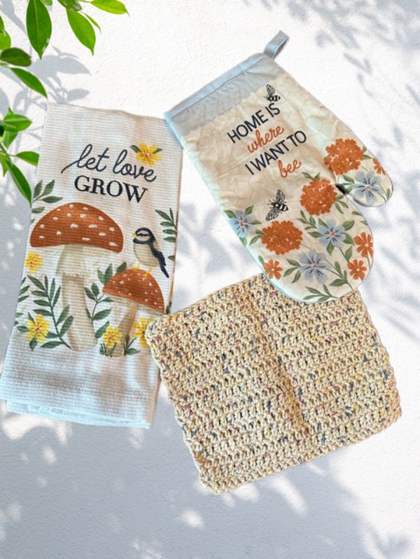 3 pc Mushroom & Bee Dish Towel Set