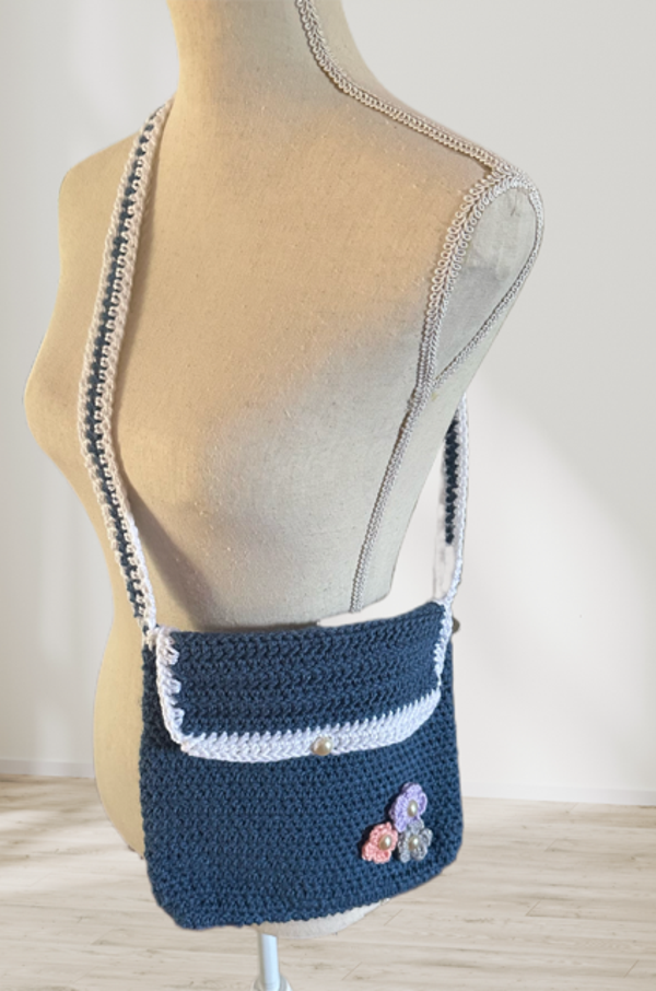 Flowers & Pearls Purse - Denim Blue