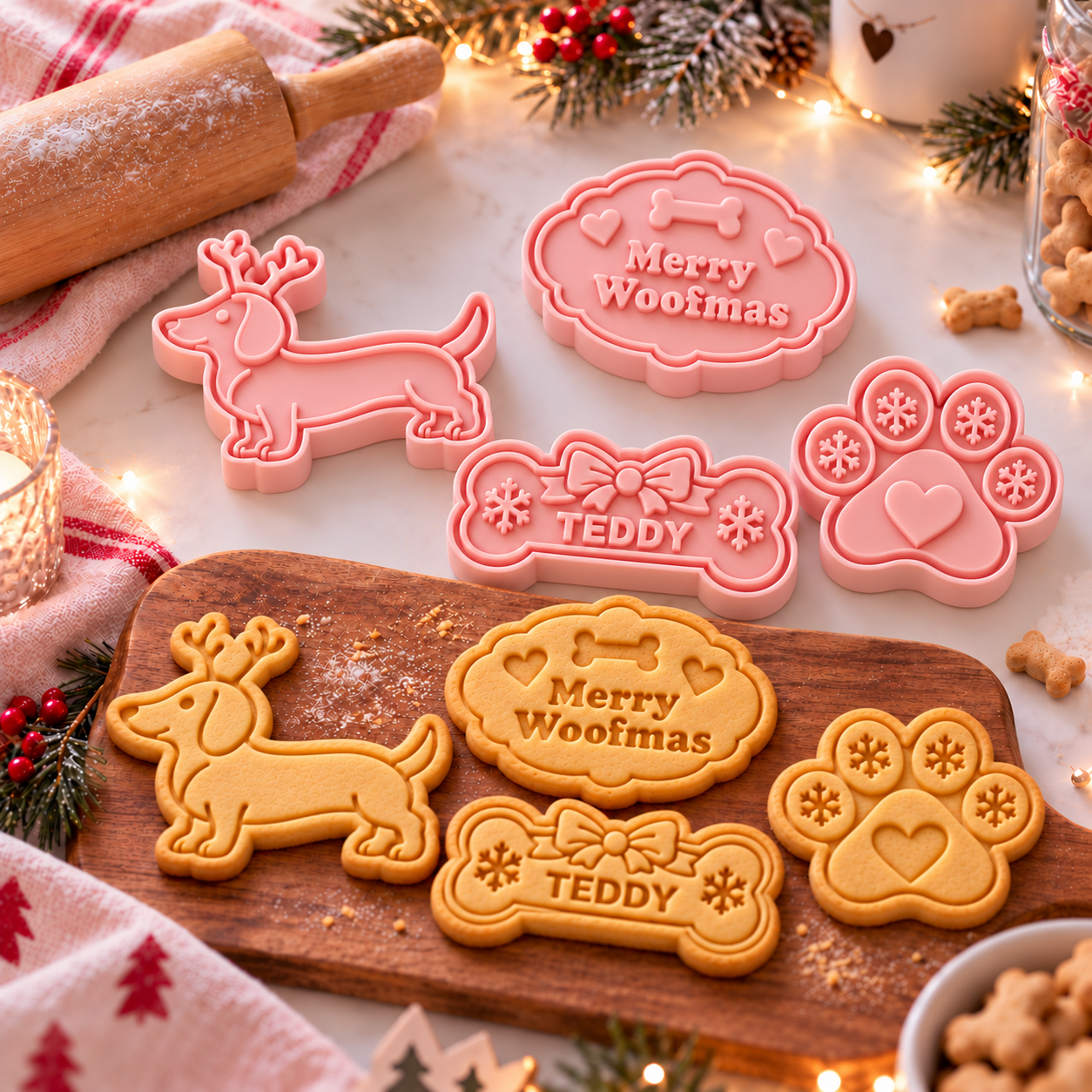 Merry Woofmas – Gepersonaliseerde Kerst Koekjesuitstekers (4 stuks)