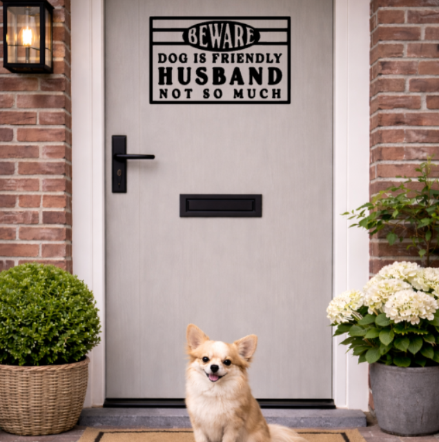Voordeur Sticker – “Beware: Dog is Friendly, Husband Not So Much”