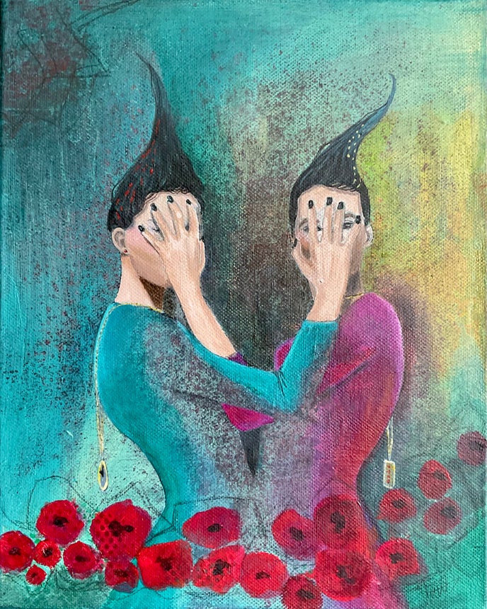 An acrylic painting displaying two people facing the observer each covering the others face with their hand. Dark painted nails, fluid colors in the background and a frame of red flowers at the bottom of the canvas.