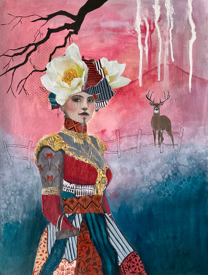 Collage art piece displaying a woman looking a you, with a deer standing far back in view. Head towards the observer. Dark blue ashy bottom and reddish pink top half of the background.