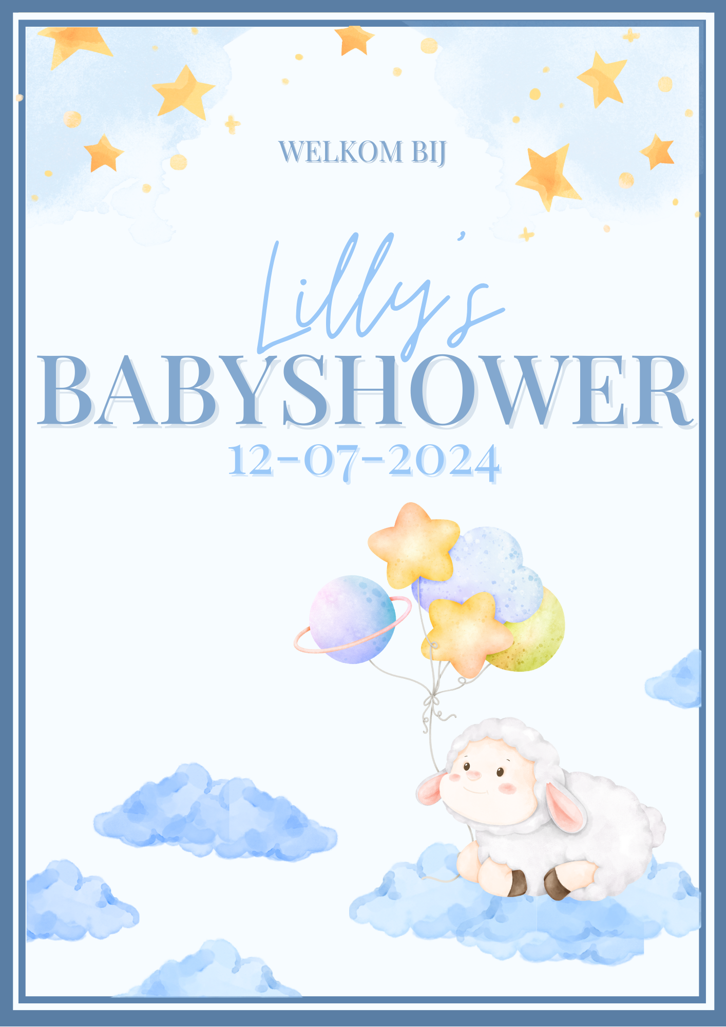 Babyshower uitnodiging - Blauw met schaapje