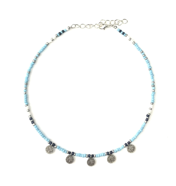 5 coins necklace light blue silver
