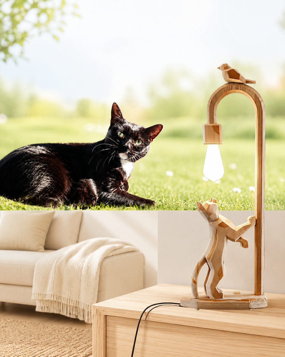 Agatha – lampada scultura a forma di gatto in legno di cirmolo