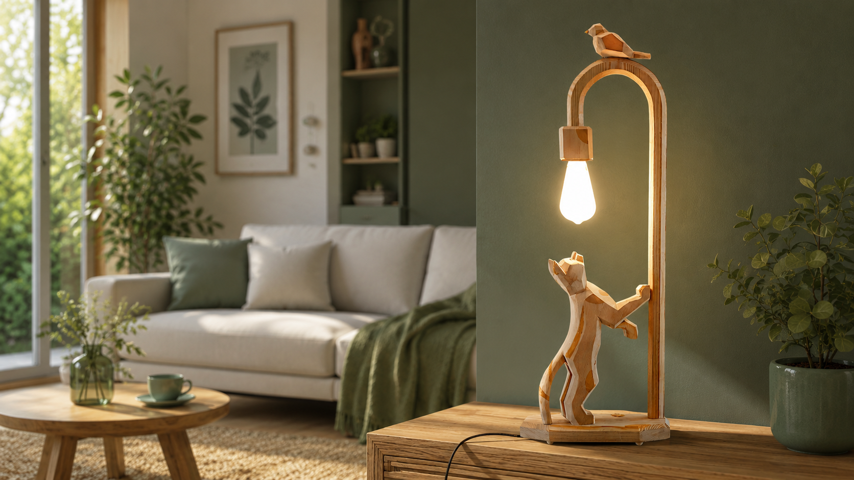 Agatha – lampada scultura a forma di gatto in legno di cirmolo