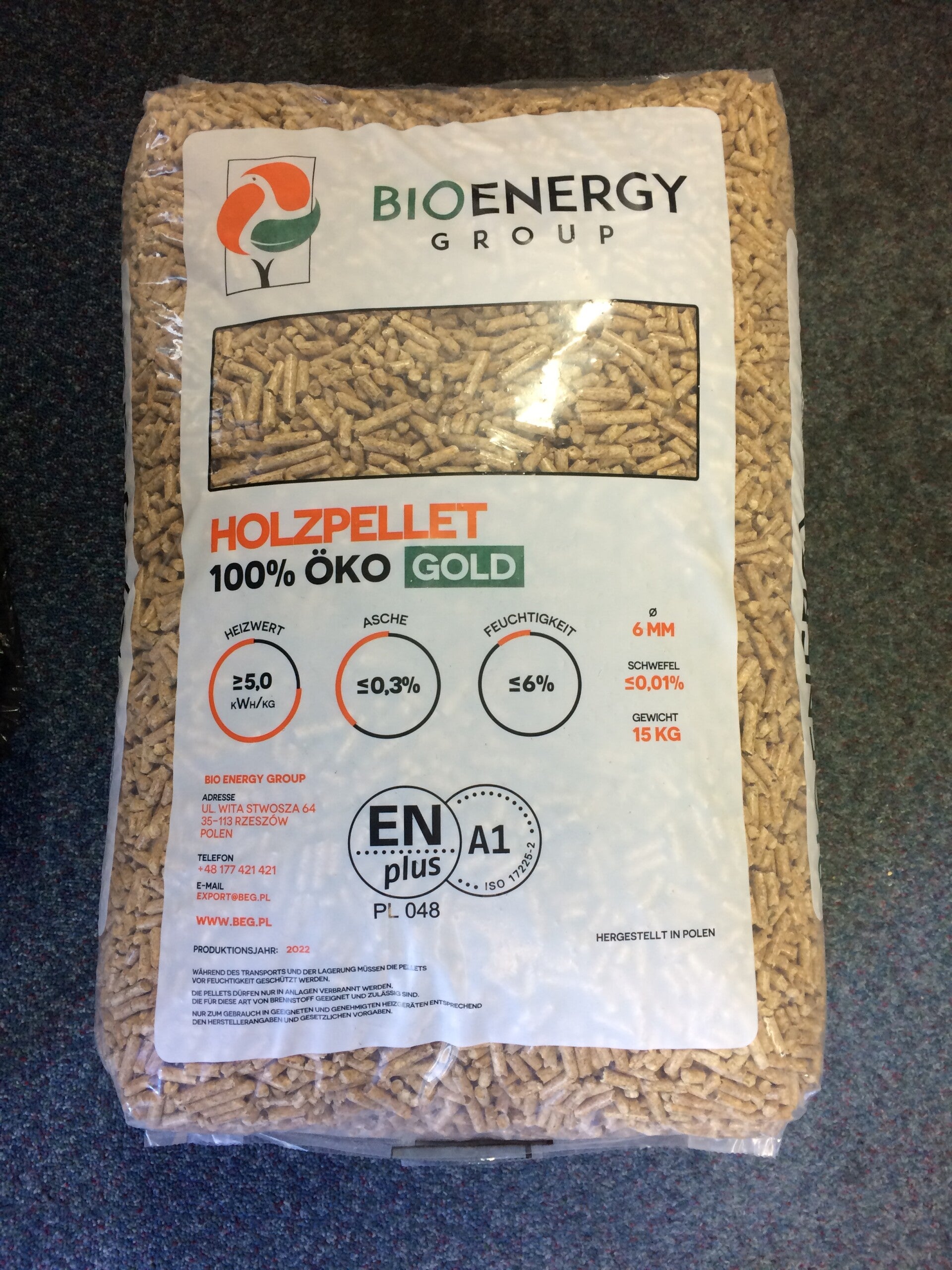 Holzpellets 6 mm ENplus A1 – 975 kg Palette (65×15 kg)