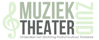 Het logo van Muziektheater Zuid. In grijs de woorden "Muziek" en "Theater" met daar tussenin een groene G sleutel. Linksonder het woord "Zuid" in lichtgroen.