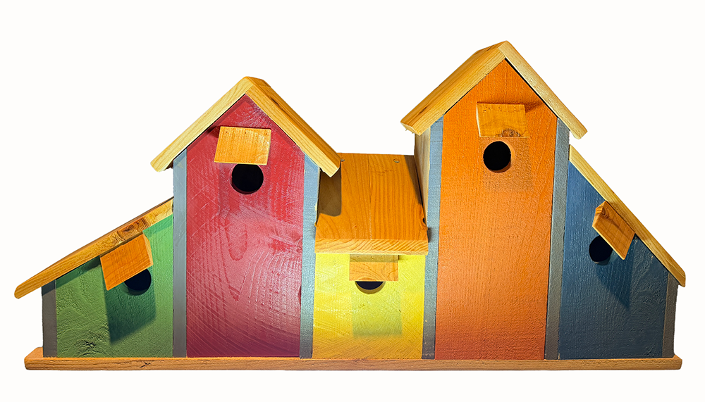 Colorful 5-Room Wooden Birdhouse, Handmade