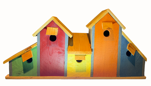 Colorful 5-Room Wooden Birdhouse, Handmade