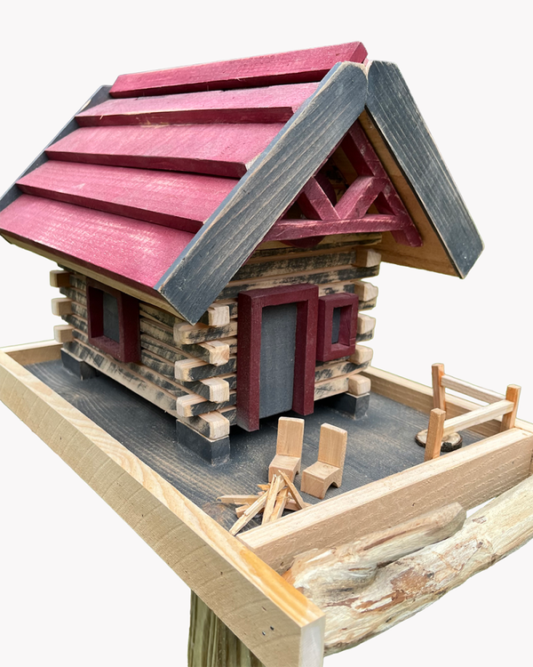 Bird feeder, Log Cabin, wooden, Seed Tray, Branch perch