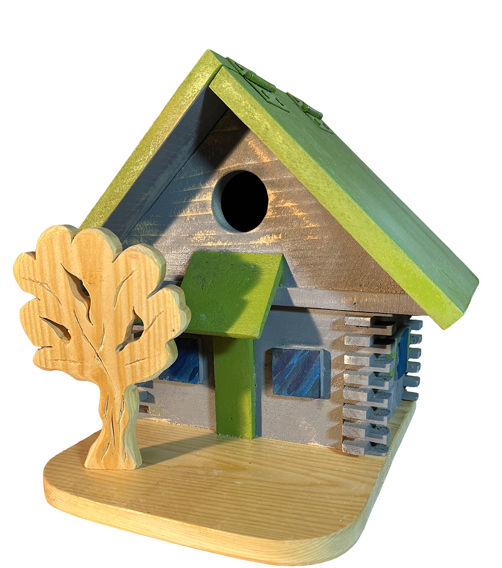Bird house with cedar tree, handmade