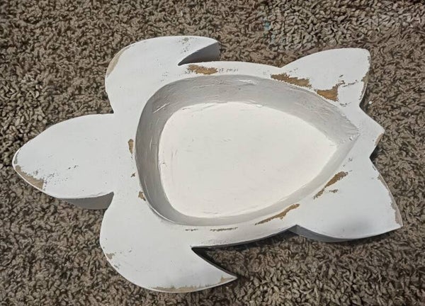 Hand carved white wooden turtle bowl