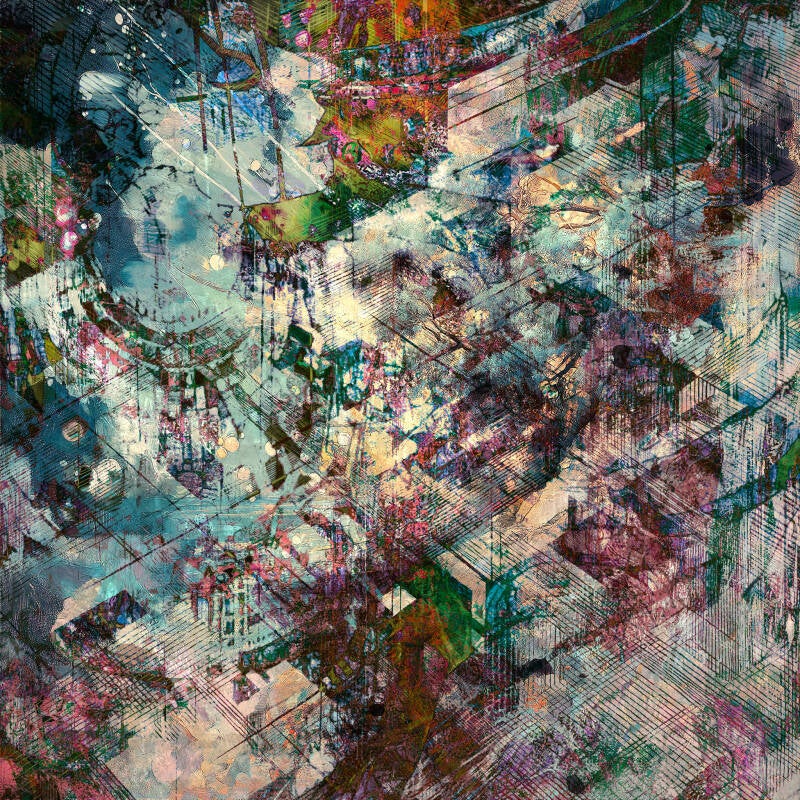 Abstract photography by Jens Hirsch – Secret Chief 1.5. A turbulent collision of teal, olive, burgundy, and blush, fractured by overlapping grids and gestural marks. Dense layering creates the impression of a hidden structure beneath the chaos.