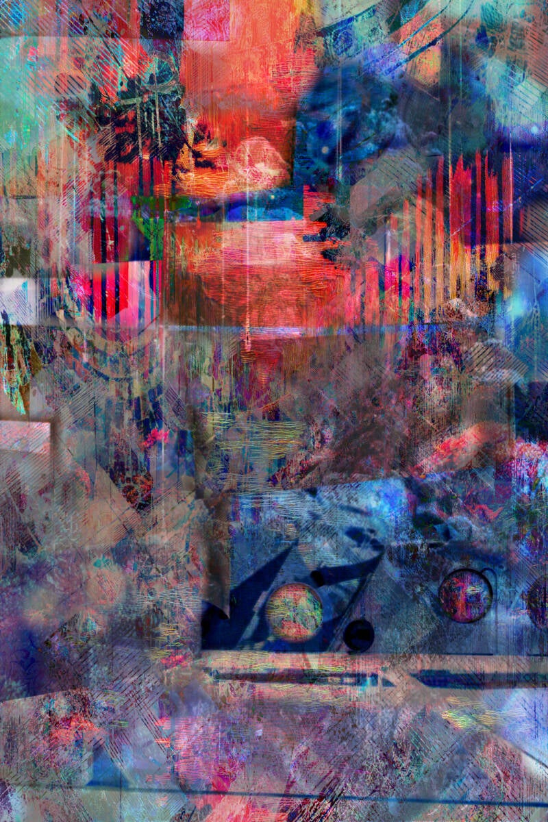 Abstract photography by Jens Hirsch – Eisenstein 2. A fiery upper half of red, orange, and magenta gives way to a cooler blue lower register. Two circular forms and sharp geometric shadows anchor the composition amid dense, layered texture.
