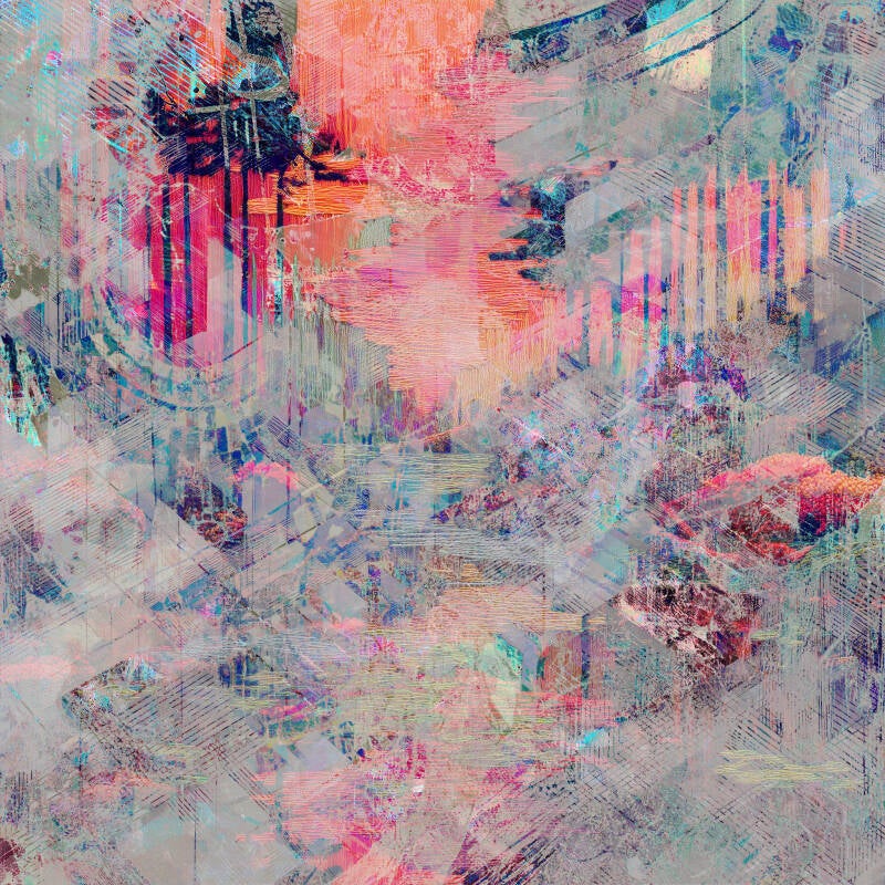 Abstract photography "Secret chief 1.3" by Jens Hirsch. A dense layering of diagonal lines, textures, and color fields in salmon, coral, magenta, and steel blue. Vivid reds anchor the upper left; soft greys dissolve the composition toward the lower half.