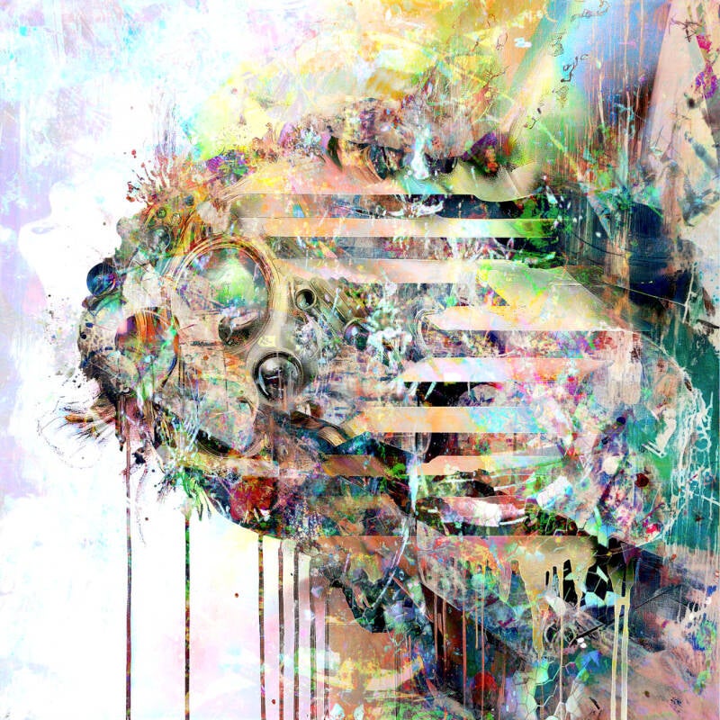 Globular Cluster 1 – abstract digital art print by Jens Hirsch, colourful Photographik with mechanical elements dissolving into explosive colour, available as wall art