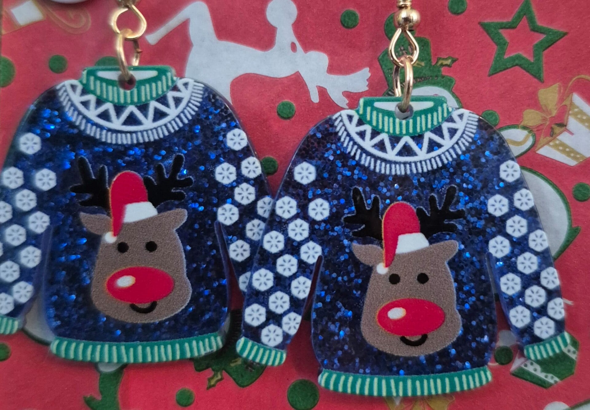 Glitter blauwe kersttrui oorbellen met rendier.
