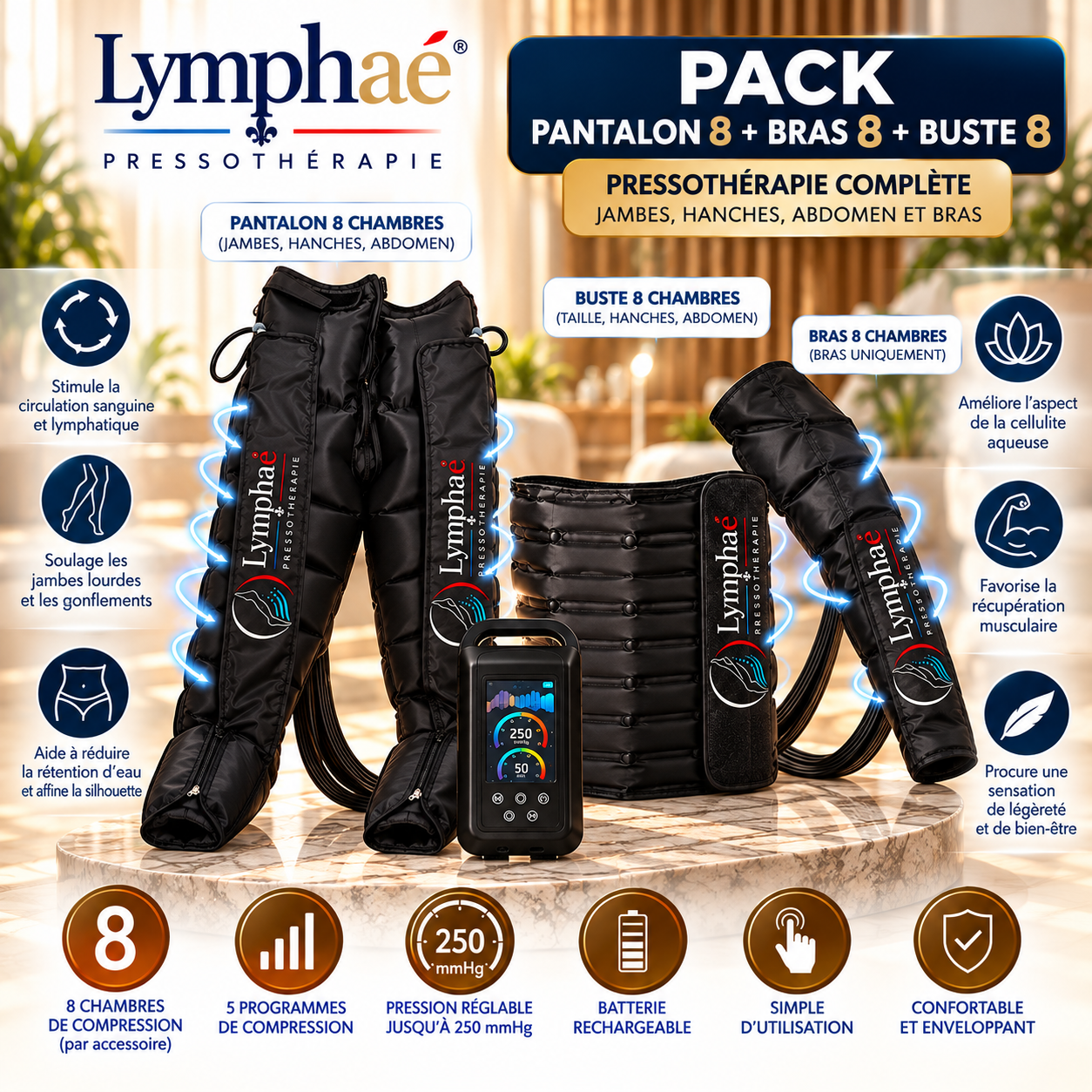 Pack Pantalon + Bras + Buste de pressothérapie – 8 chambres