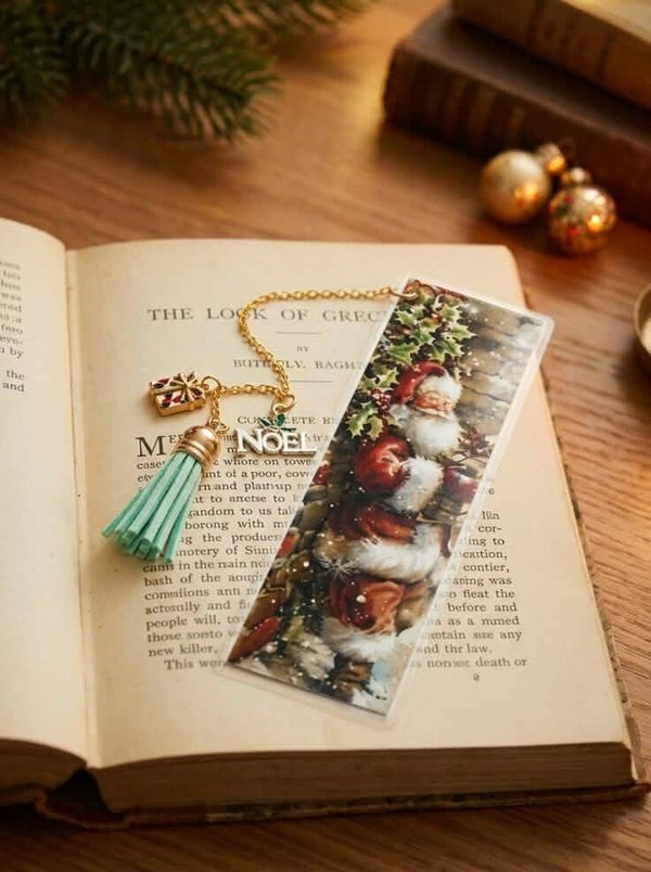 Marque-page Plastifié Recto Verso – Père Noël Vintage, Breloque "NOËL" & Pompon Vert Mint