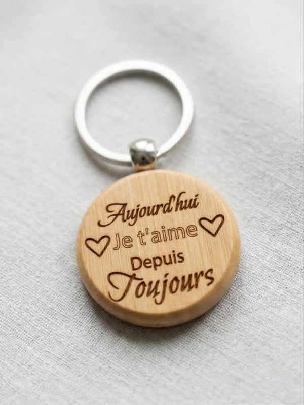 Porte-clés Rond en Bambou Gravé – "Aujourd'hui Je t'aime Depuis Toujours"