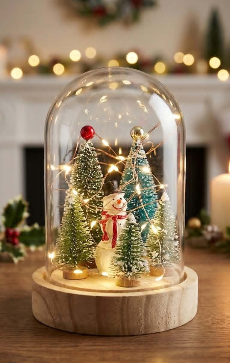 ​Cloche de Noël Lumineuse « Bonhomme de Neige & Sapins Enneigés » sur Socle en Bois