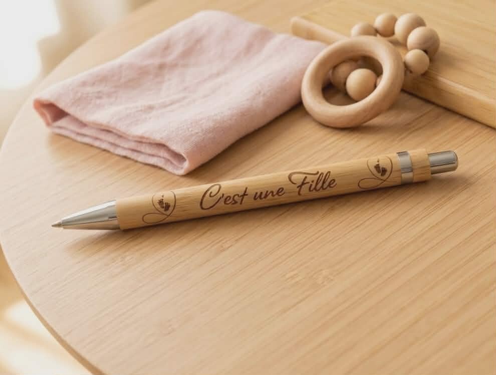 Stylo en bambou gravé — « C'est une Fille » (Cadeau Naissance / Babyshower