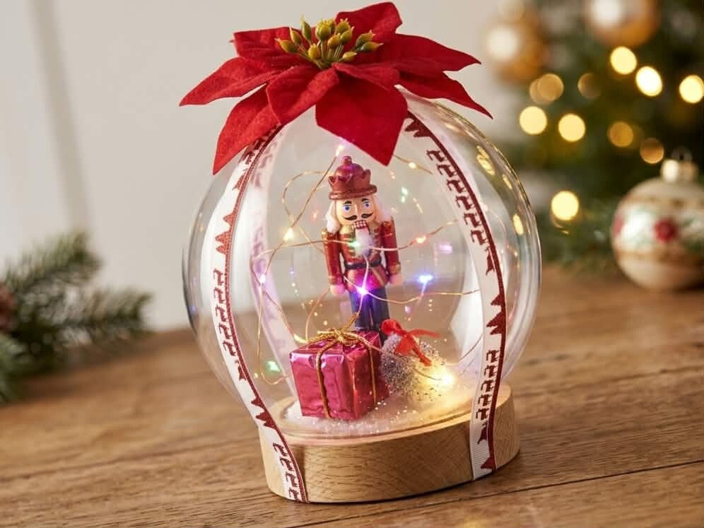 Cloche de Noël Lumineuse – Casse-Noisette & Guirlande LED sur Support Bois