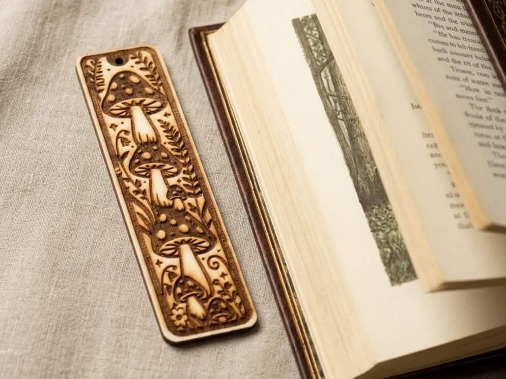 Marque-page en Bambou Gravé – Motif Champignons & Botanique Féérique