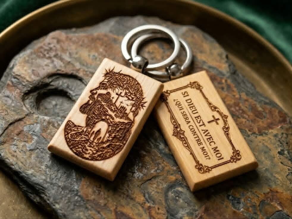 Porte-clés Spirituel en Bambou – "Si Dieu est avec moi, qui sera contre moi ?"