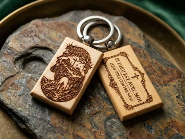 Porte-clés Spirituel en Bambou – "Si Dieu est avec moi, qui sera contre moi ?"
