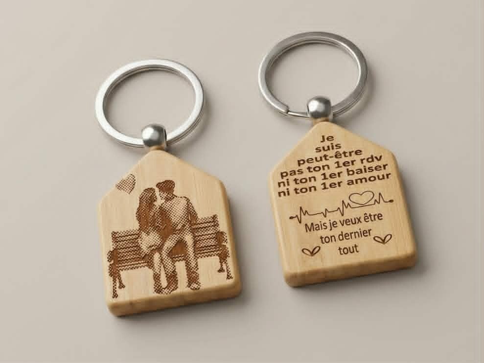 Porte-clés Maison en Bambou Gravé – "Je veux être ton dernier tout"
