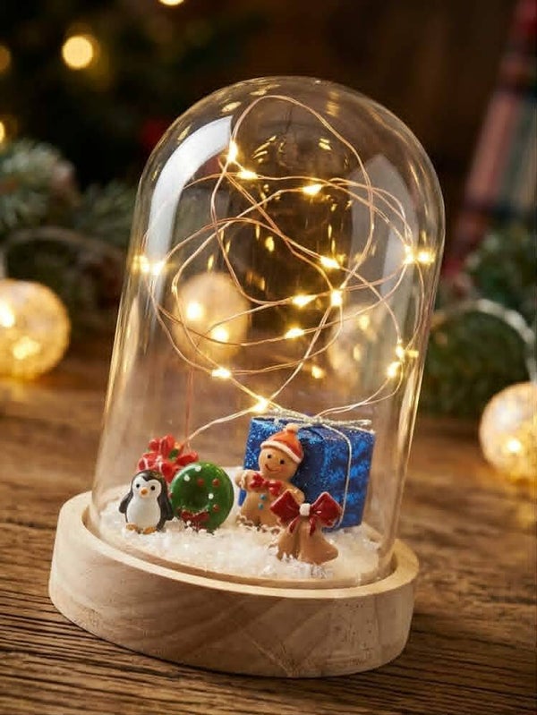 Cloche de Noël Lumineuse Féerique sur Socle en Bois – Décoration Miniature