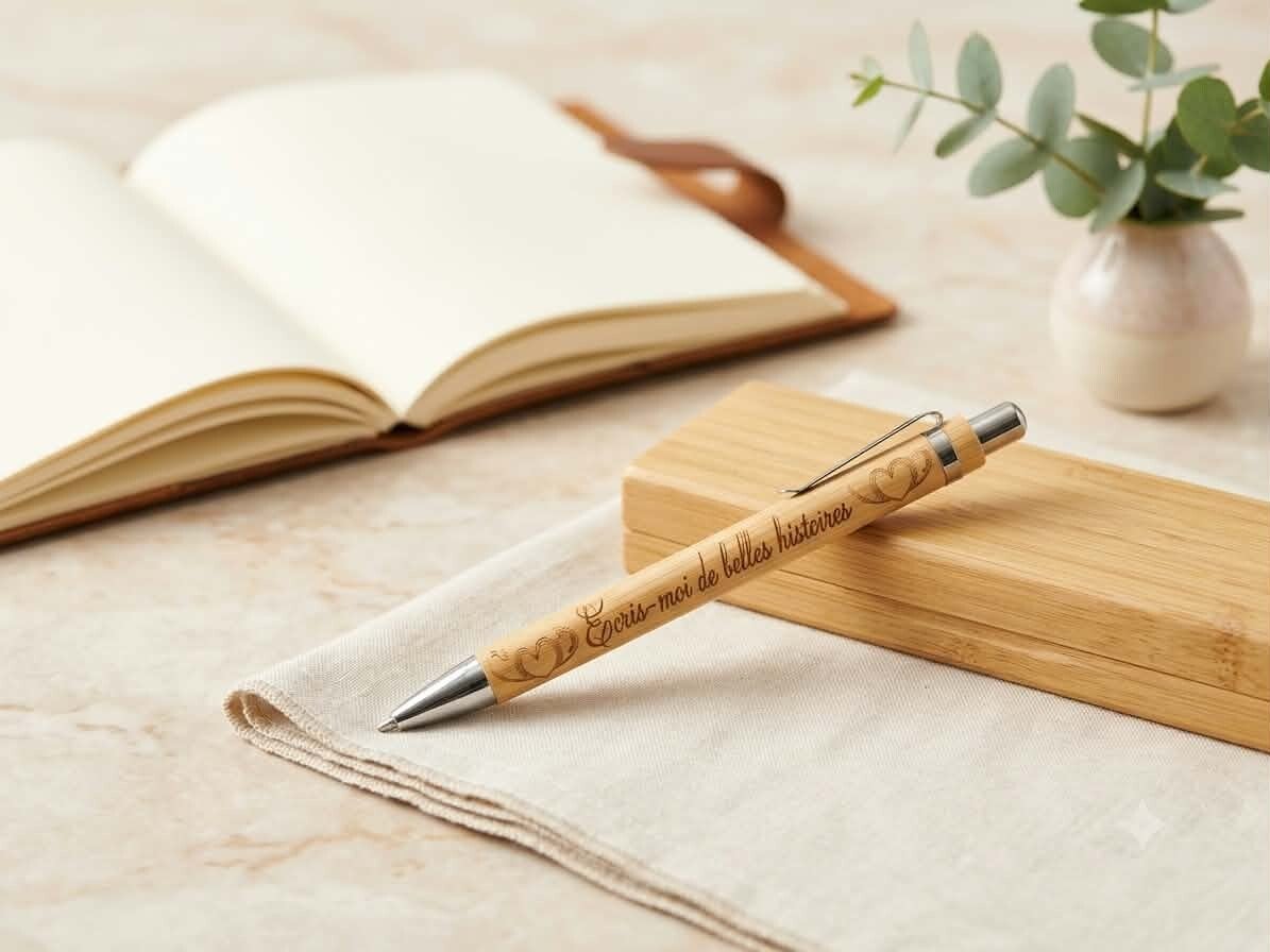 Stylo en bambou naturel gravé "Écris-moi de belles histoires"