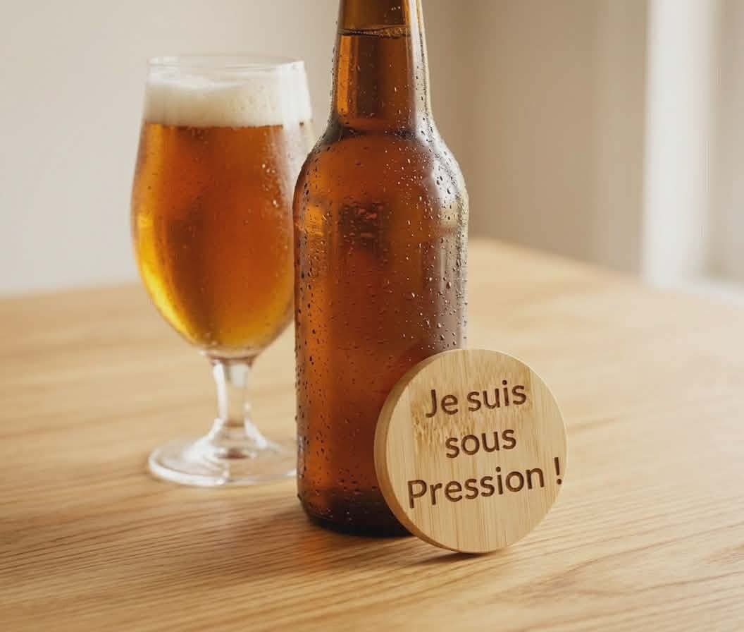 Décapsuleur Magnétique en Bambou Gravé – « Je suis sous Pression ! »