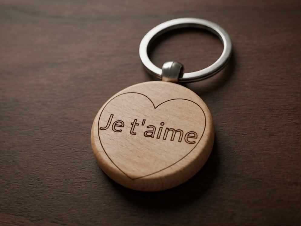 Porte-clés en Bambou Gravé – "Je t'aime" avec Motif Cœur