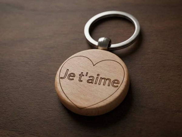 Porte-clés en Bambou Gravé – "Je t'aime" avec Motif Cœur
