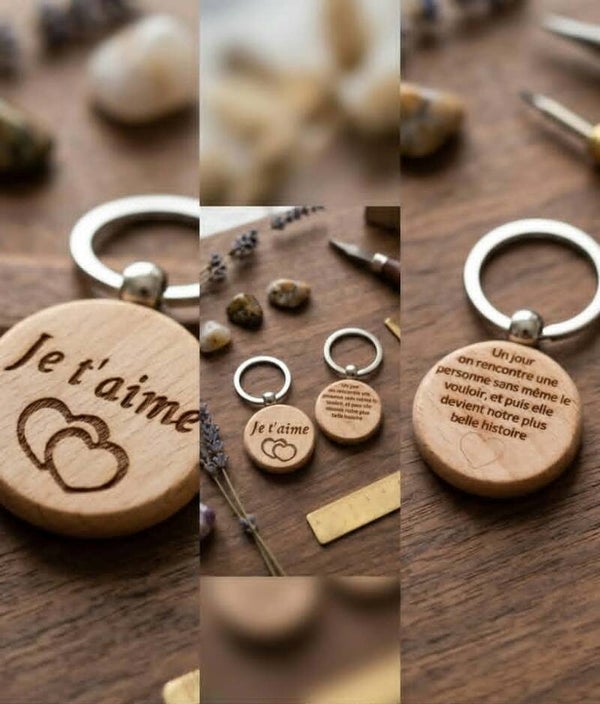 Porte-clés en Bambou Gravé Recto/Verso — « Je t'aime » & Citation Amour