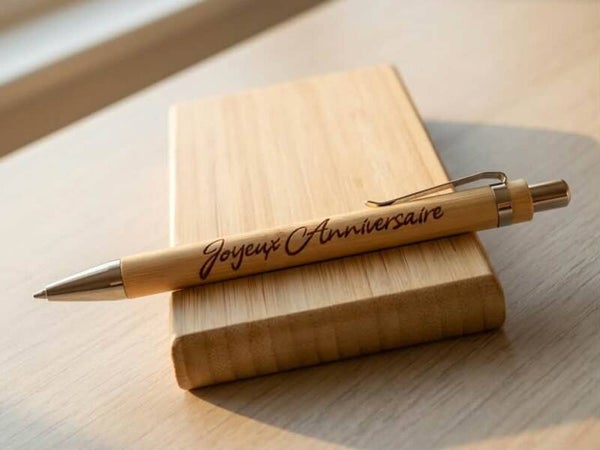 Stylo à bille en bambou naturel gravé "Joyeux Anniversaire"